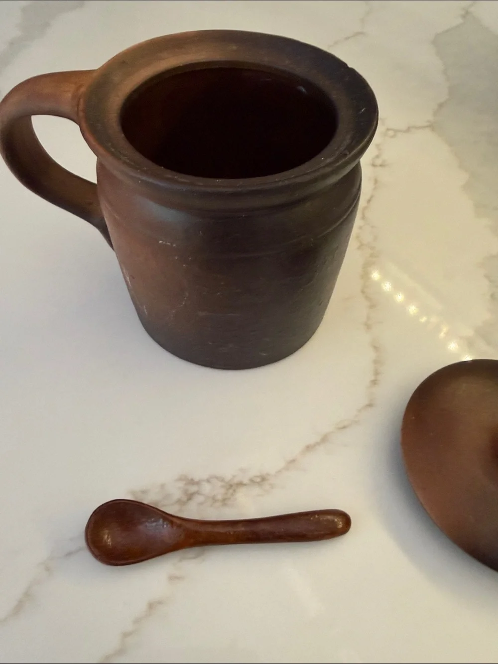 Vintage Brown Stoneware Lidded Mug with Spoon - Ceramic Tea/Coffee Cup